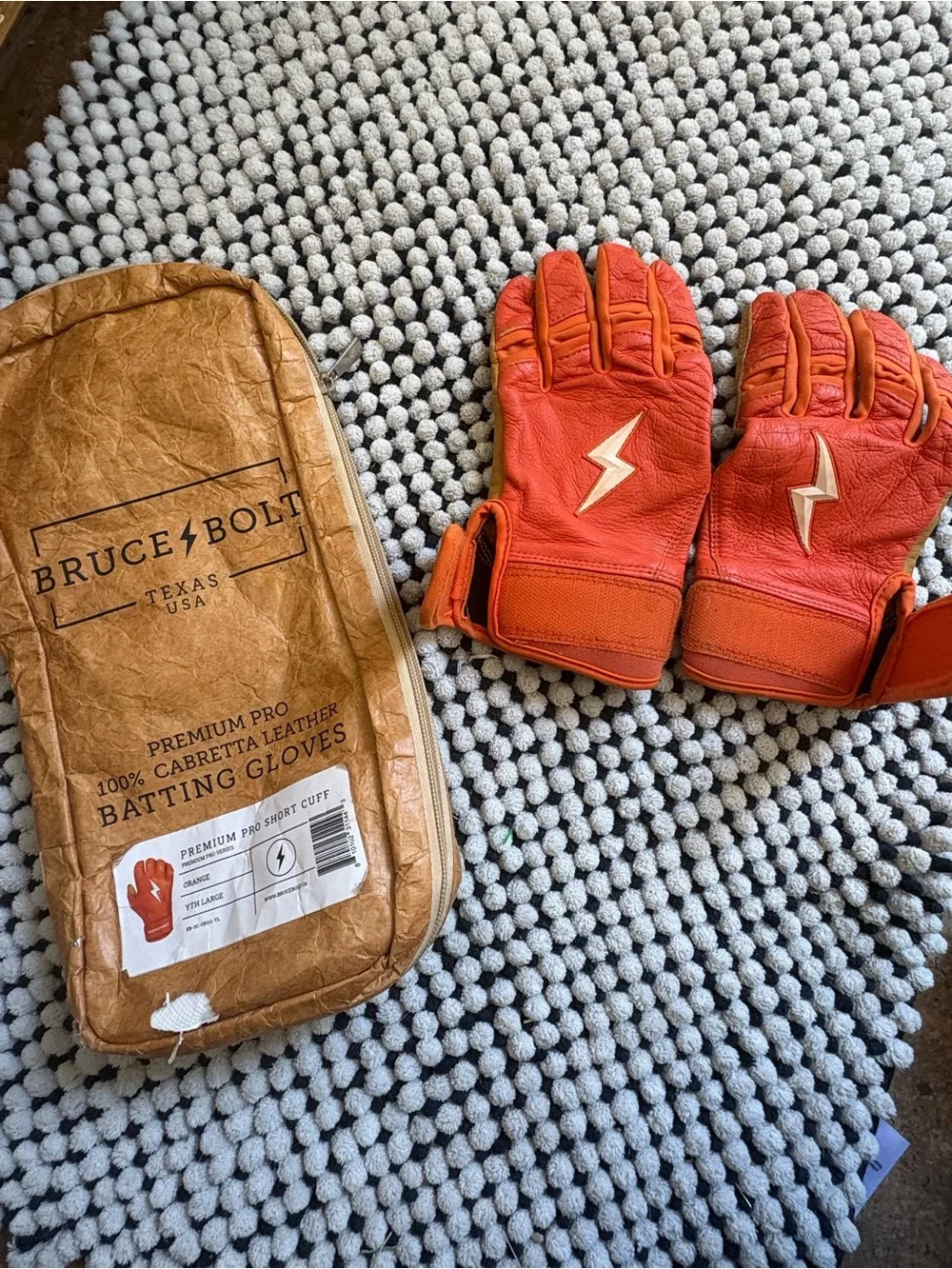 Bruce Bolt Kids Orange Leather Mittens with Lightning Logo